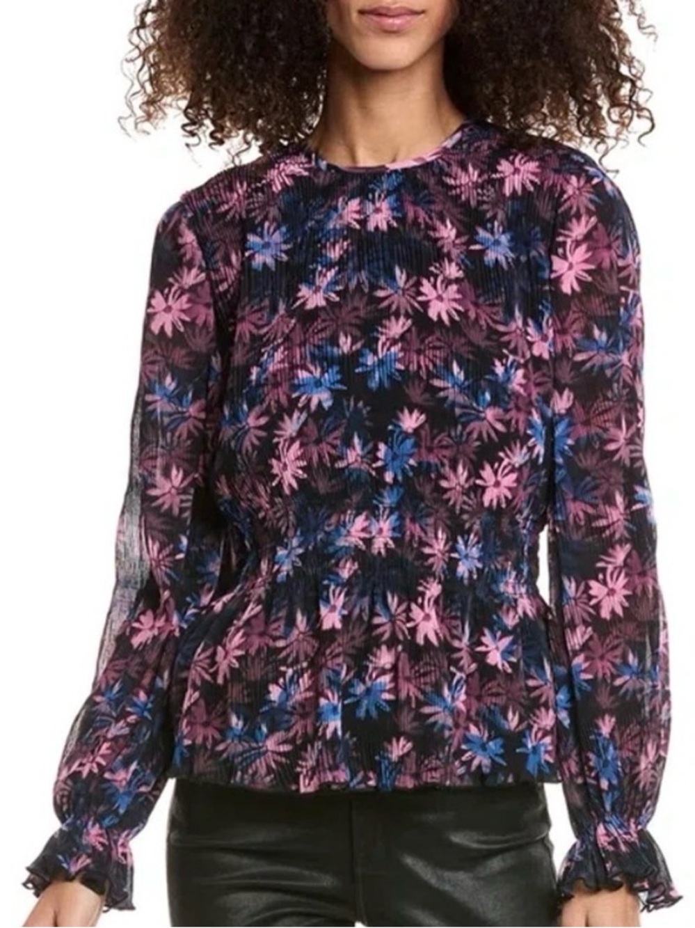Ganni Pleated‎ Georgette Smocked Blouse Women’s Size 8 Floral Black Pink Blue